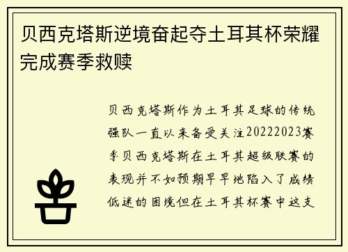 贝西克塔斯逆境奋起夺土耳其杯荣耀完成赛季救赎 贝西克塔斯逆境奋起夺土耳其杯荣耀完成赛季救赎